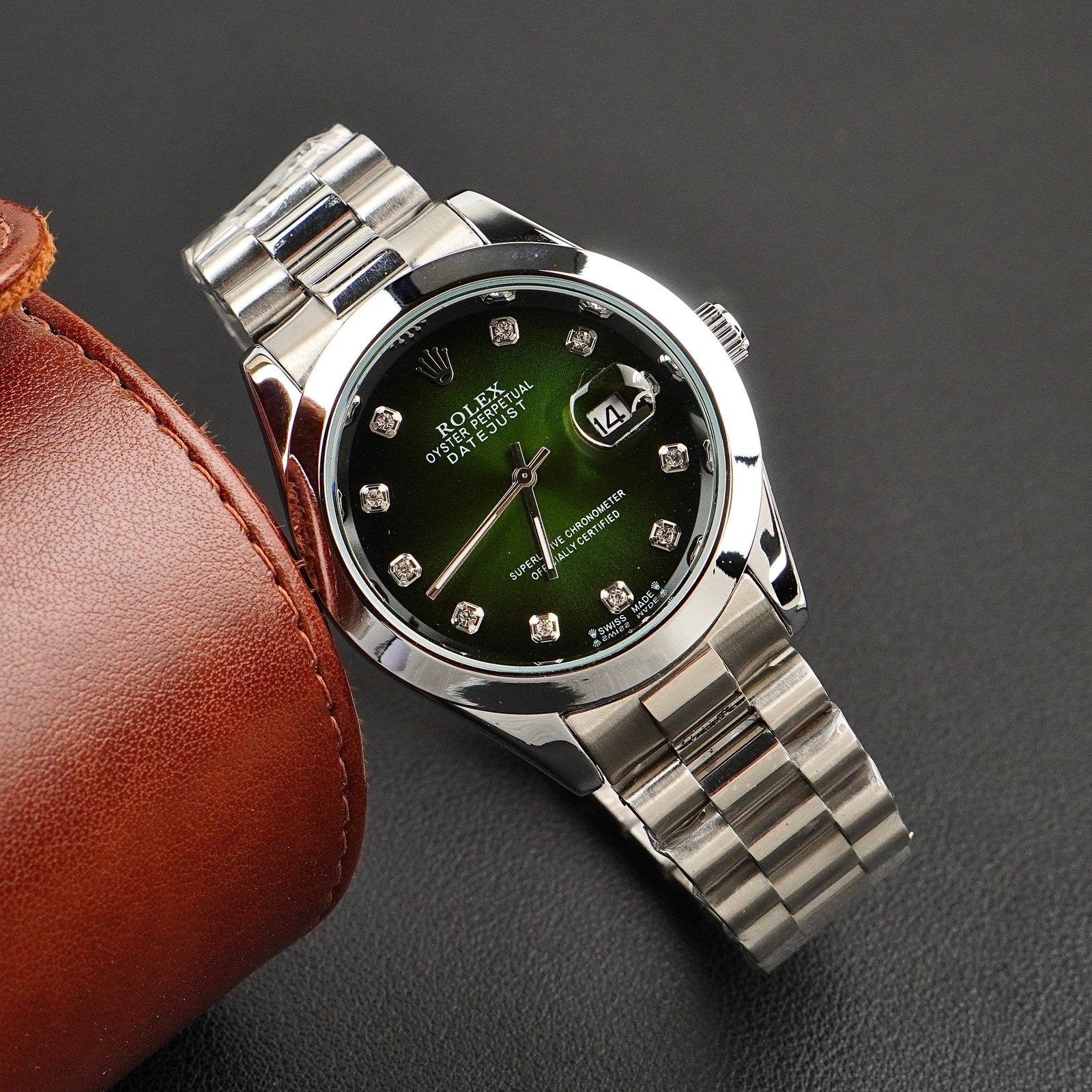 Rolex Silver Green Stainless Steel Watch