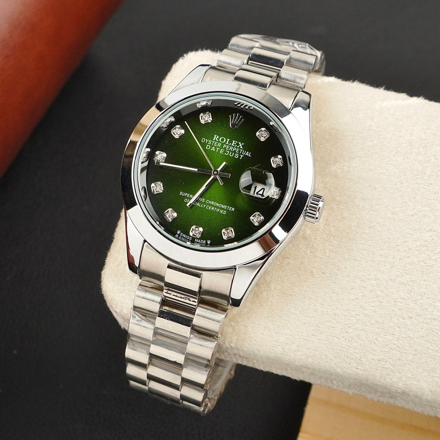 Rolex Silver Green Stainless Steel Watch