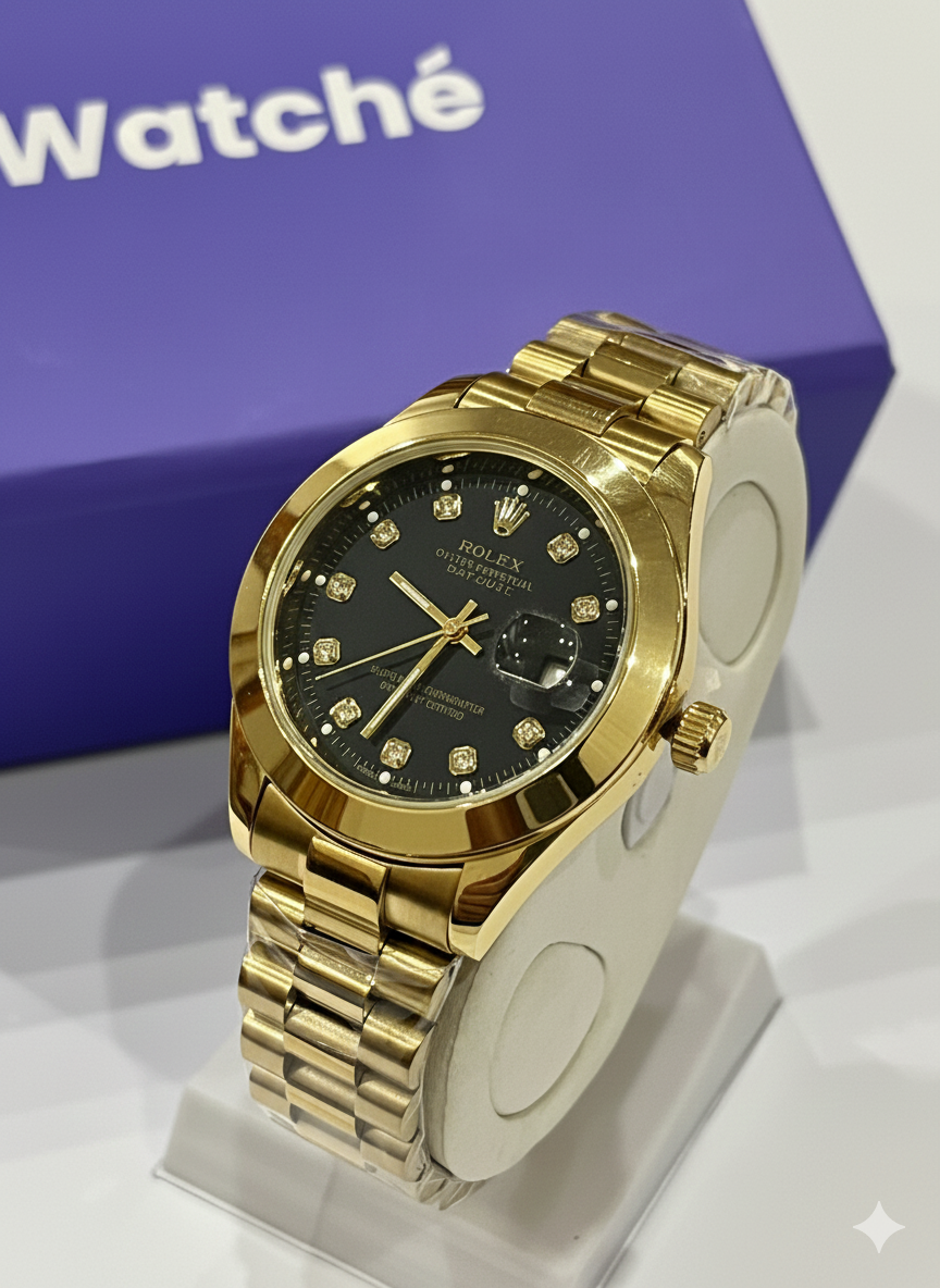 Rolex Golden Black Stainless Steel Watch