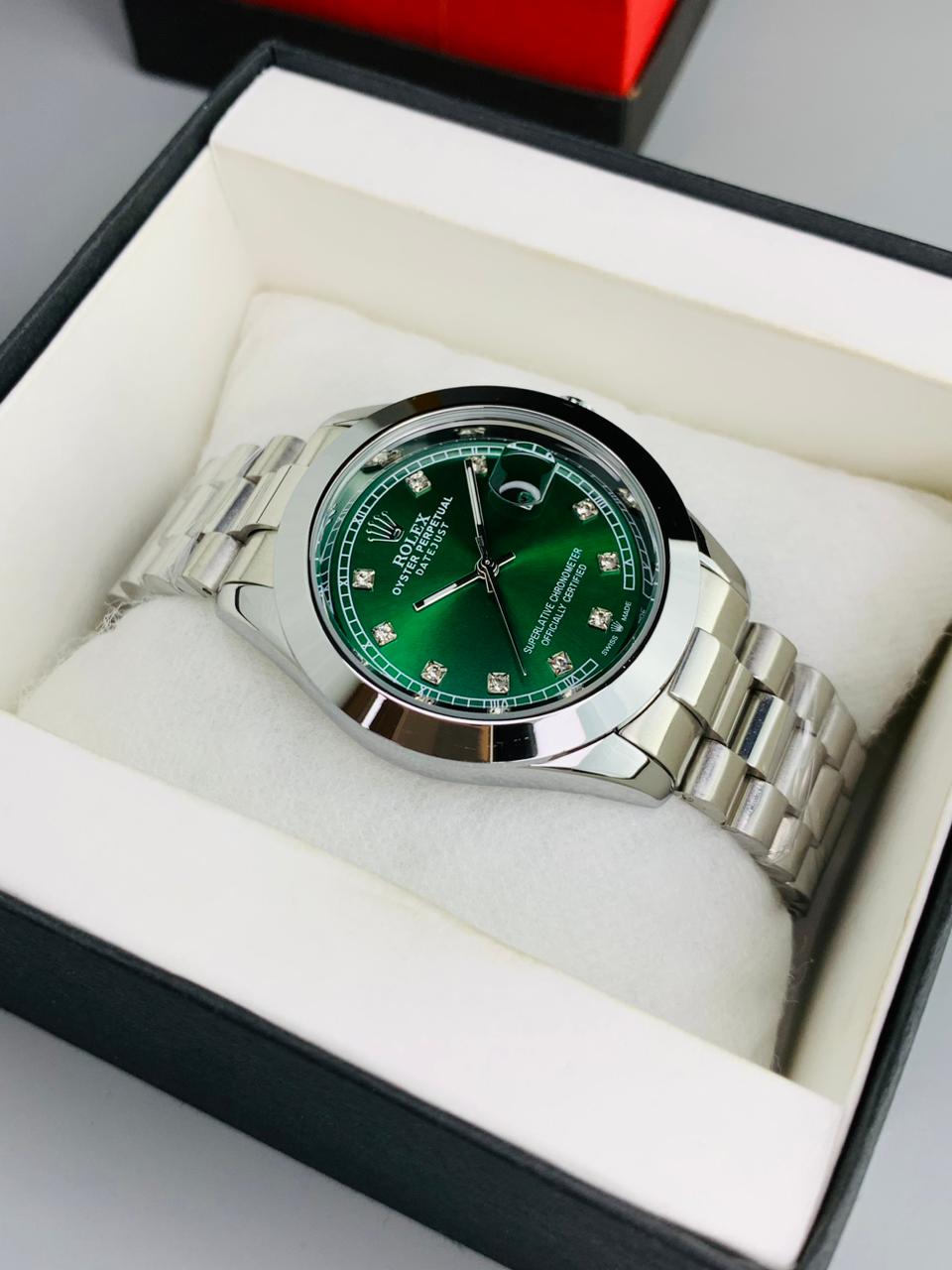 Rolex Silver Green Stainless Steel Watch CL